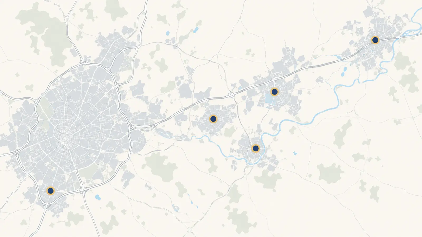 Mapa de los cinco centros CATFA en la Comunidad de Madrid: Madrid-Villaverde, Coslada, Mejorada del Campo, Torrejón de Ardoz y Alcalá de Henares